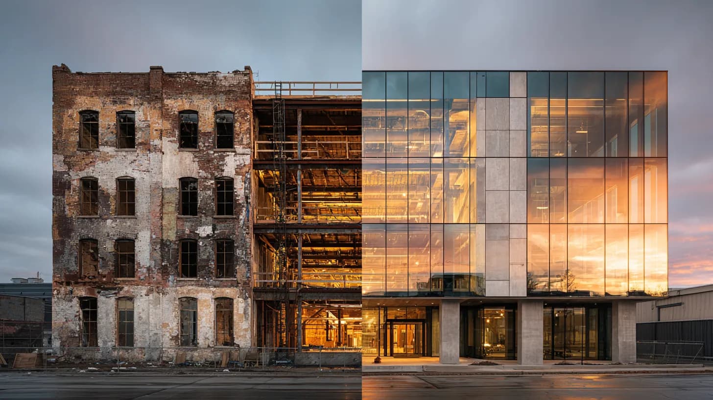 A split-view architectural photograph, left side showing an old weathered brick building mid-renovation with exposed steel beams and scaffolding, right side showing a sleek modern glass and concrete structure with seamless transition between the two halves.