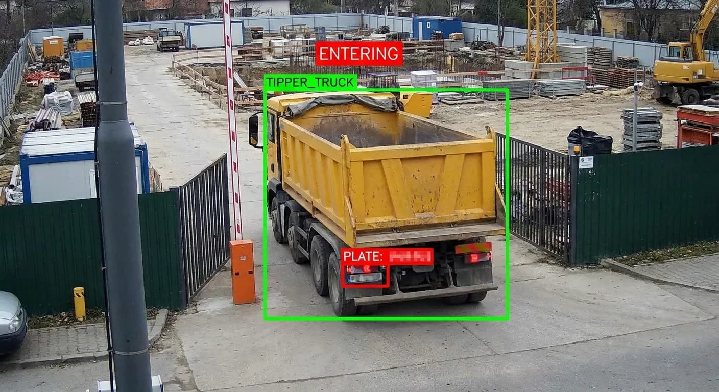 A construction site gate photographed from a pole-mounted camera position